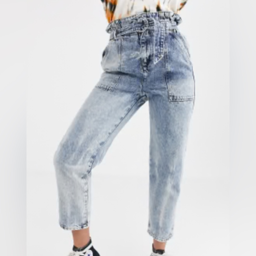 River Island High Rise Balloon Wide-leg Paper-bag Tie Belt Acid Wash WM’s 12 EUC